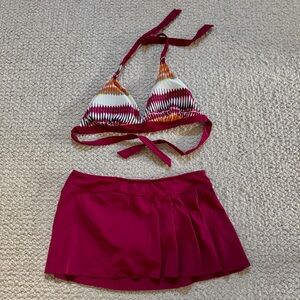 Athleta red & white bikini set with skirt bottom